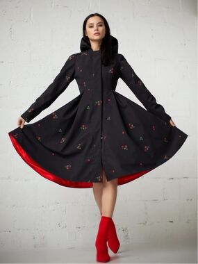 Fit and Flare Coat with Pleated Skirt In Black And Strawberry Print